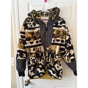 Vintage 90s Obermeyer Abstract Animal Print Ski Jacket - Gold & Black - Size 12